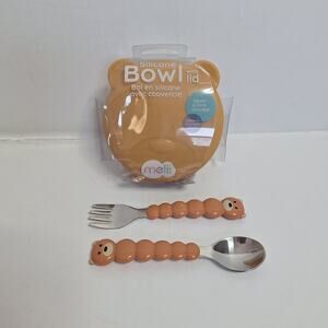 NWT Melii Teddy Bowl Set Lid Spoon Fork Silicone Toddler Feeding Set